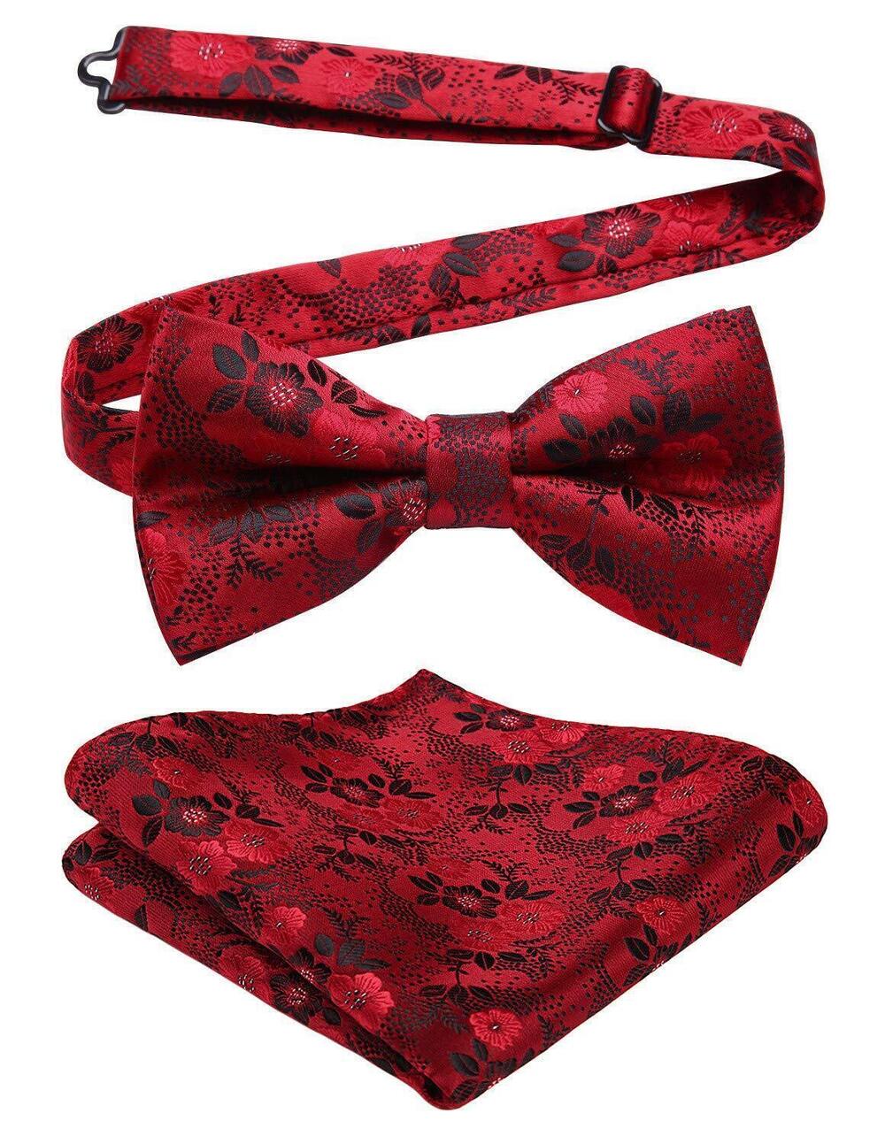 4442 Red Bow Ties Pre-tied Burgundy Floral Bow Tie and Pocket Square Set